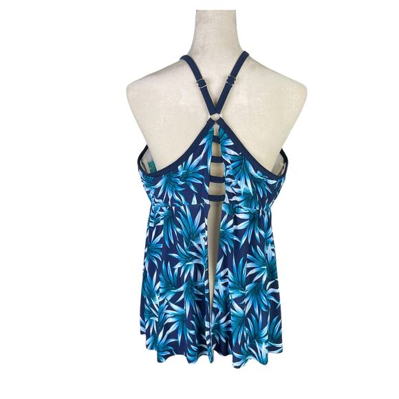 Coastal Blue Plus Tropical Botanical Print Open Back Tankini Swimsuit Top - Picture 3 of 8